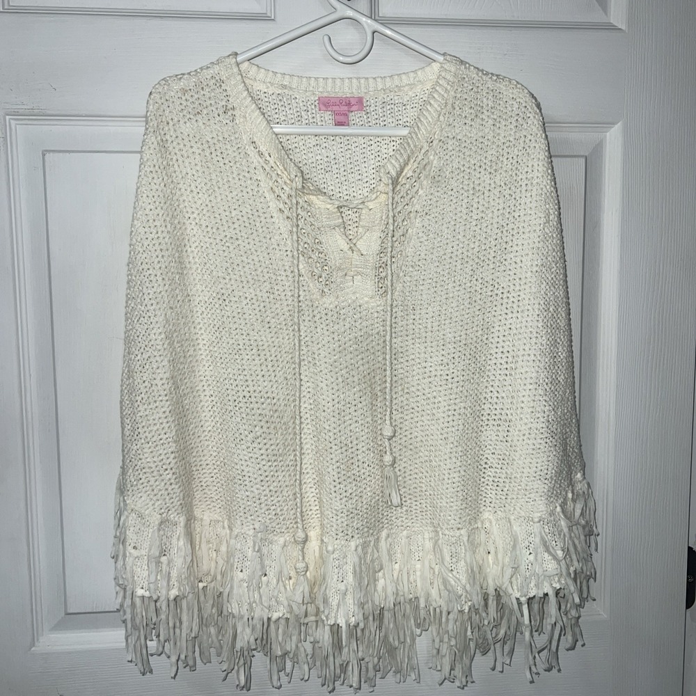 Lilly Pulitzer Ivory Fringe Size XXS Shoulder Cover Shawl Knit Pullover Wrap